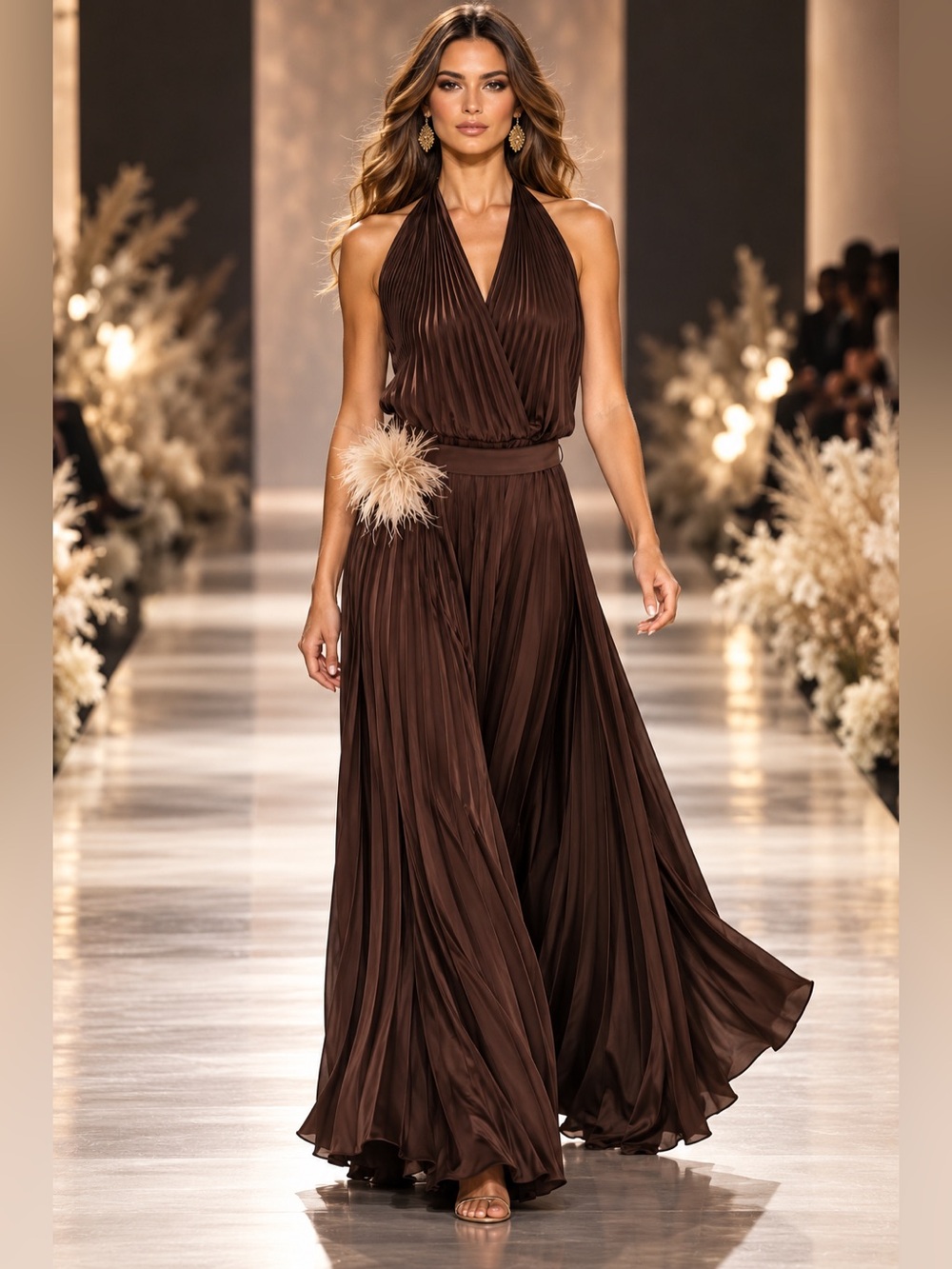 Joseph Ribkoff Chocolate Brown Pleated Halter Maxi Dress